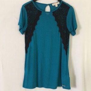 MICHAEL KORS Teal Top With Lace Trim S